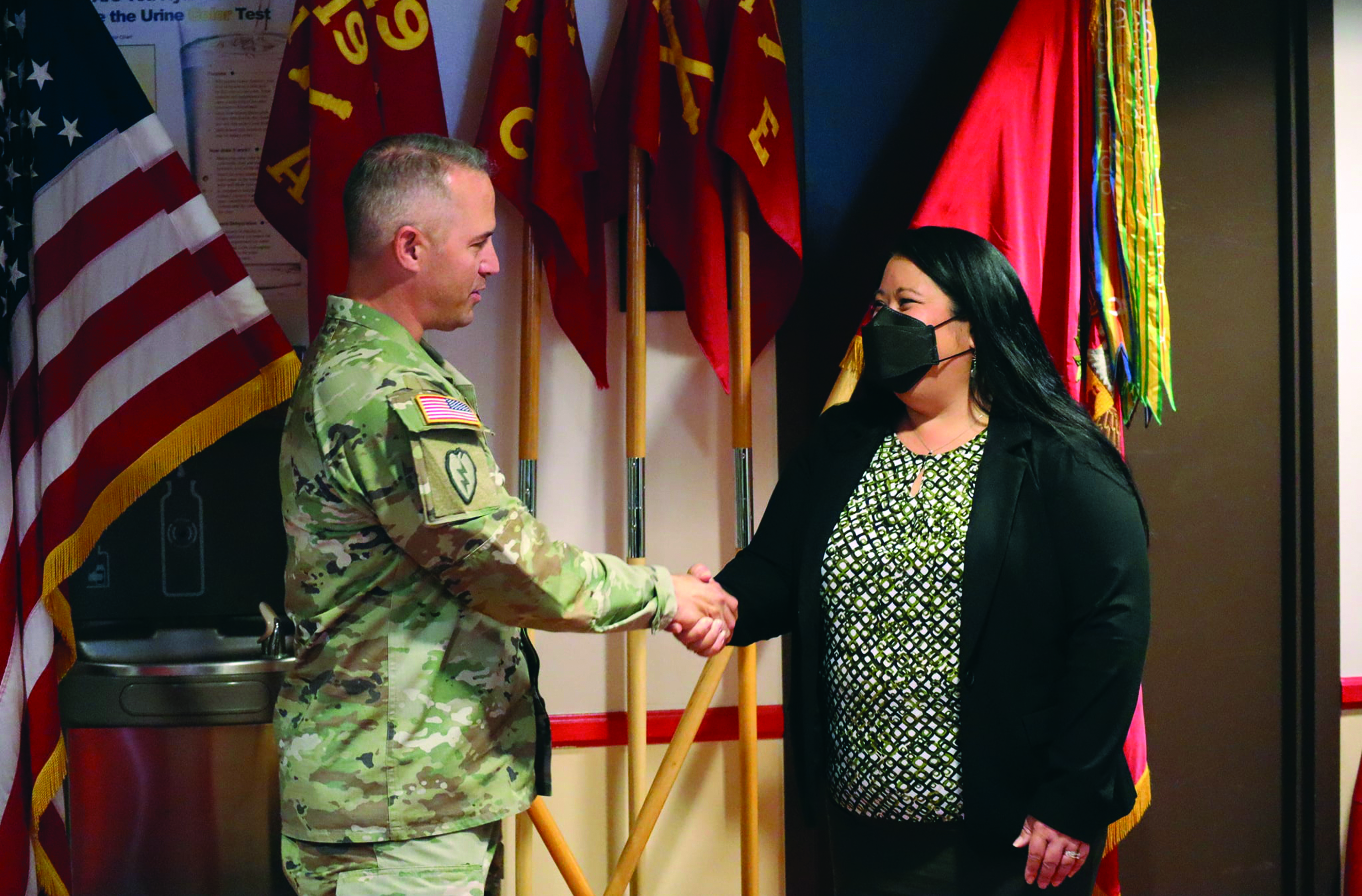 Fort Sill’s own Mrs. Merri Rouleau, legal assistant from the 434th Field Artillery Brigade “Destroyers” is presented a coin of excellence on behalf of the commanding general, U.S. Army Fires Center of Excellence. Her drive and work ethic were recognized at the battalion and brigade level, and she received numerous accolades from other supporting agencies as well. 